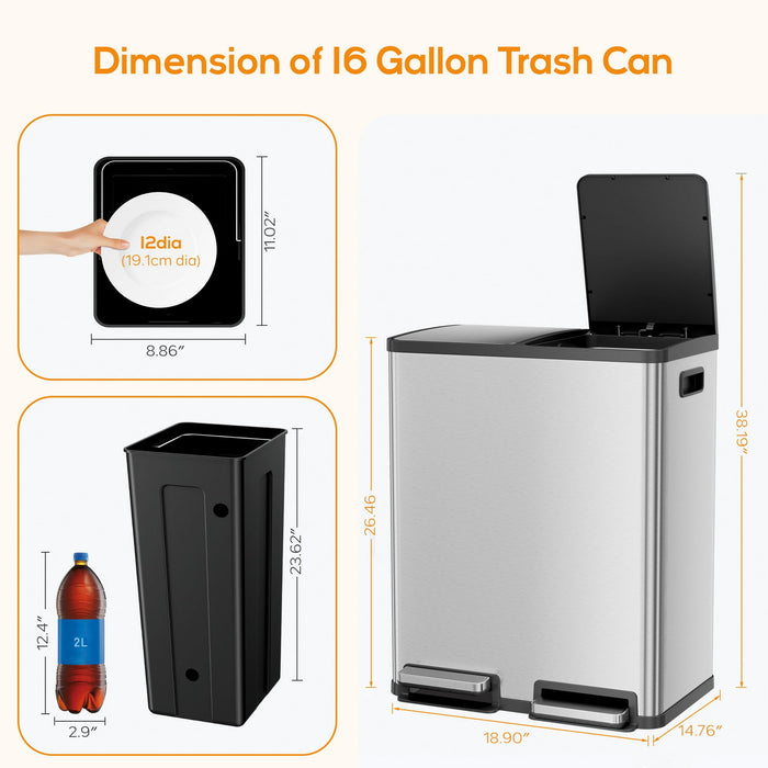 Aidoly 16 Gallons Trash Can, Dual Inner Bins-8 Gallon, Step-On Garbage Can, Kitchen Waste Bin