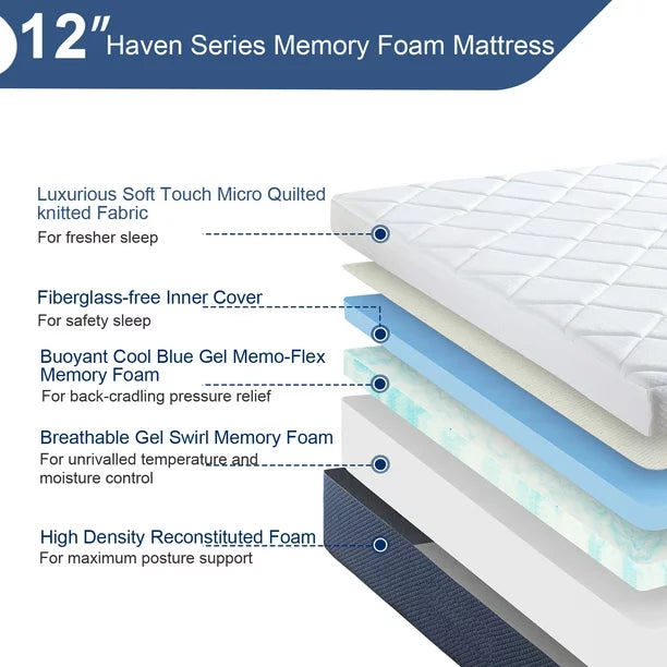 Queen Mattress, 12 inch Memory Foam Mattress, Medium Firm Cool Gel Foam Mattress with Breathable Soft Fabric Cover, Made in USA,White