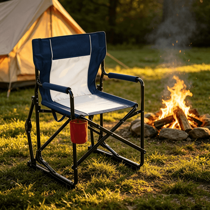 Betcozy Folding Rocking Directors Chair, Heavy-Duty Steel Frame 600D Oxford Fabric Rocking Camping Chair with Cup Holder, Portable Lawn Chair for Patio, Campsite, Beach, Fishing, Blue