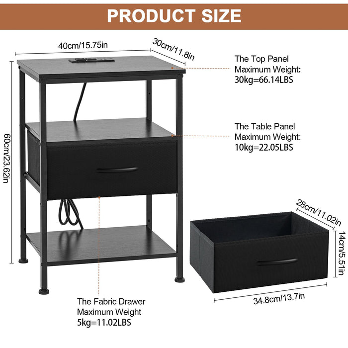 Beddle Nightstand with Charging Station, LED Bedside Table with Fabric Drawer, End Table for Bedroom, Living Room