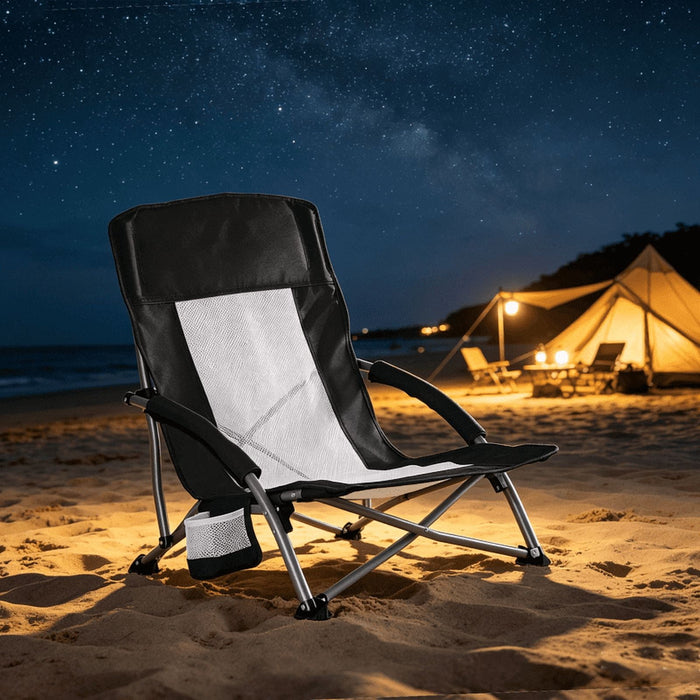 Betcozy Camping Chair, Low Profile Folding Outdoor Seat with Breathable Mesh, Heavy Duty Portable Ground Chair with Cup Holder for Music Festival, Picnic, Lawn & Beach, Black