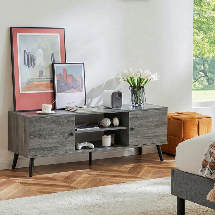 Taoset Mid-Century Modern TV Stand for TVs up to 60", Wood Entertainment Center with Storage Cabinets and Open Shelves, Gray