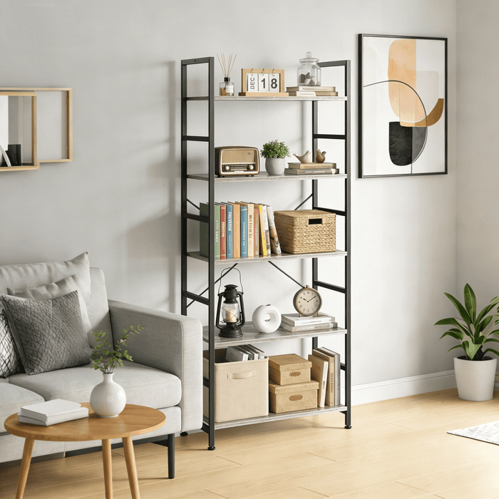 Blorly Bookshelf, 5 Tier Industrial Storage Shelf, Large Capacity Metal & Wooden Bookcase for Family, Study Room, Heavy Duty,Gray