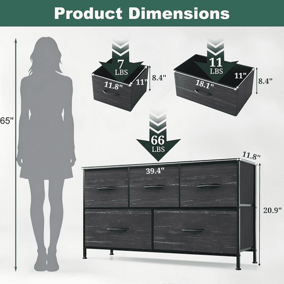 Aidoly 5-Drawer Dresser with Wooden Top, Adjustable Feet, Sturdy Metal Frame Dressers for Bedroom, Living Room