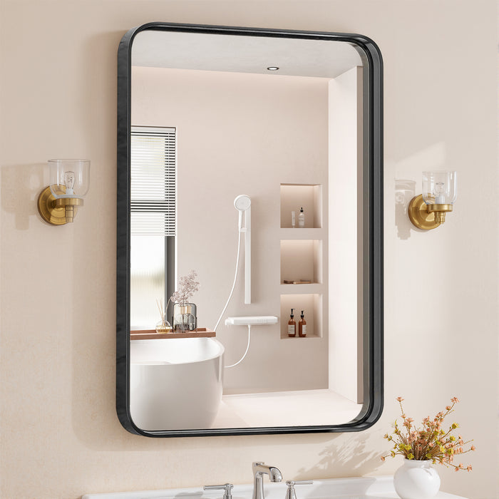 TINKLE WELL Bathroom Vanity Mirror, Large Rounded Metal Rectangle Framed, Anti-Rust Tempered Glass, Hangs Horizontally and Vertically for Sink Wall Decor, 24x36 inch Black