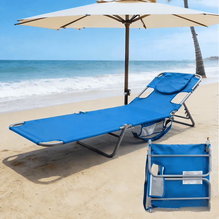 Blorly Beach Lounge Chair, Foldable & Portable Tanning Recliner, Camping Cot for Pool, Patio, Blue