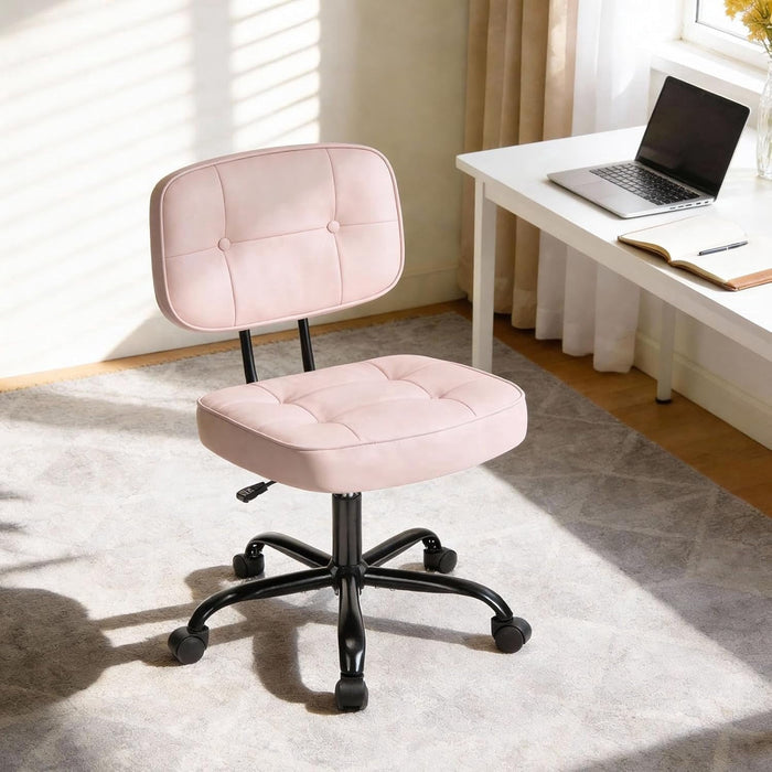 Betcozy Armless Rolling Office Chair, Compact Tufted Vanity Chair with Height Adjustment, Modern PU Leather Task Chair for Small Office, Pink