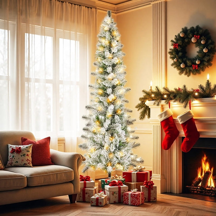 Simenmax 7.5ft Pre-Lit Snow Flocked Pencil Christmas Tree Hinged Slim Skinny Corner Xmas Tree with Warm Lights Snow Branch Tips, White