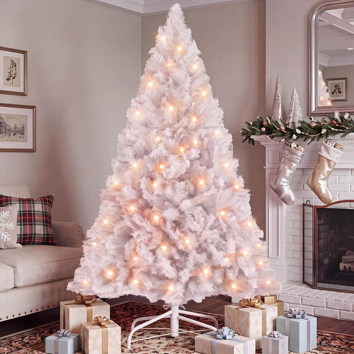 Simenmax 6 Ft White Pre-Lit Artificial Christmas Tree, 250 Warm White LED Lights, 700 PVC Tips, 8 Modes, Hinged Design, Metal Stand