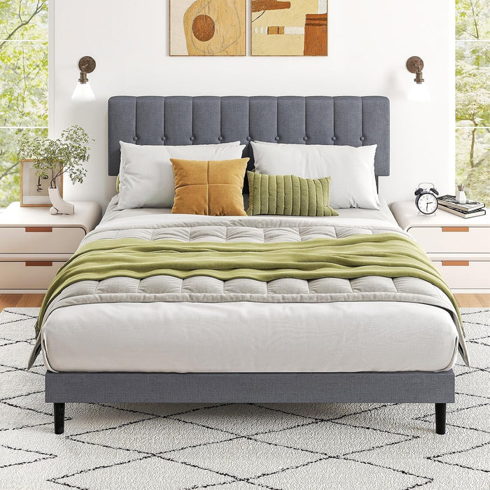 Blorly Queen Bed Frame, Upholstered Queen Size Platform Bed Frame with Headboard, Wood Slats Support, No Box Spring Needed, Noise Free, Grey