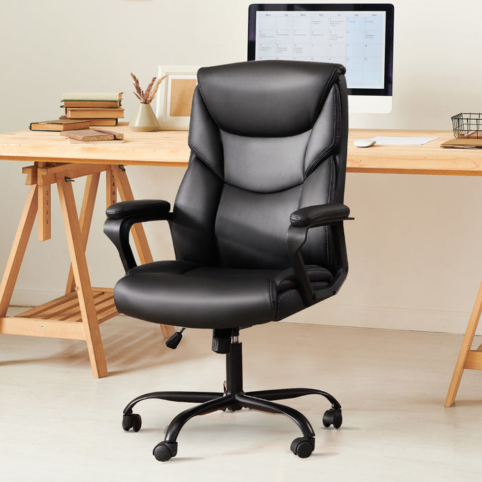 Betcozy Office Chair, Executive PU Leather Chair with Fixed Armrests, Ergonomic High Back Desk Chair with Lumbar Support, Thick Padded Home Office Chair, Heavy Duty Metal Base, Black