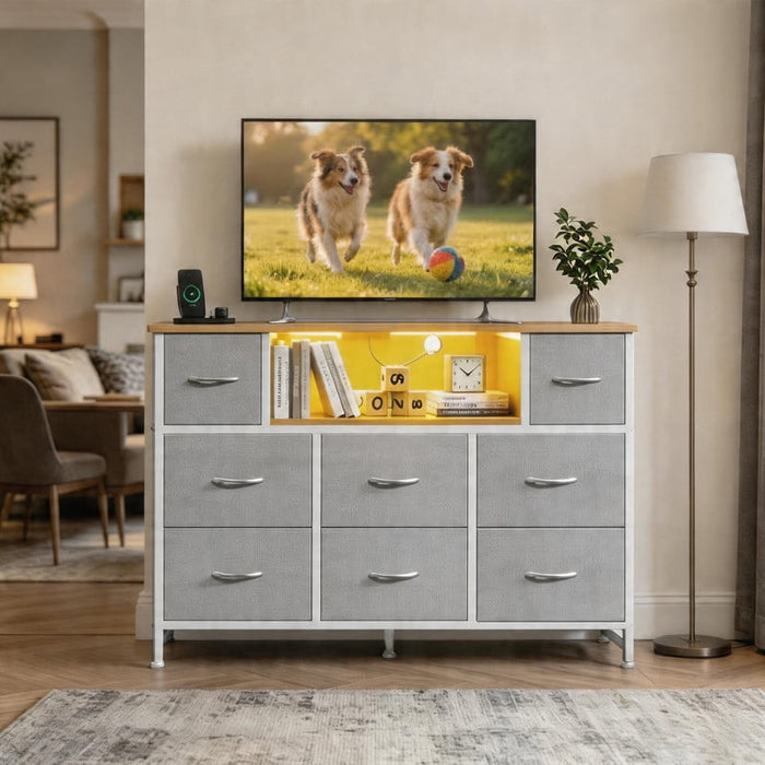 Betcozy LED TV Stand for 50/55 inch TV, Dresser with 8 Fabric Drawers, Entertainment Center with Open Storage Shelves & Power Outlet, Tall Storage Chest for Bedroom, Living Room, Light Gray