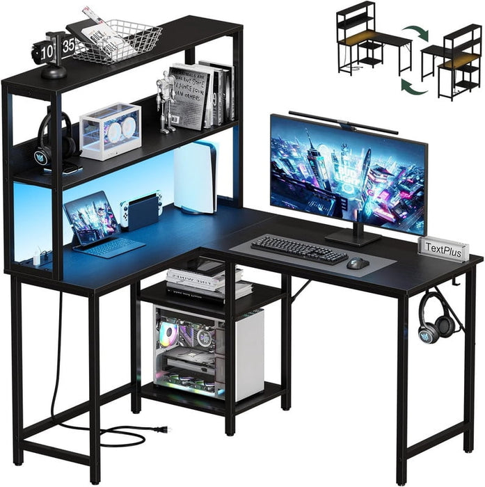Simenmax 43¡± Reversible L-Shaped Gaming Desk with Power Outlet, RGB LED Strip, CPU Stand, Black Home Office Computer Table