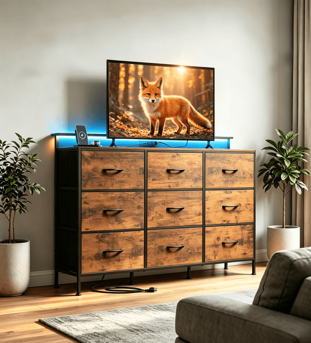 Betcozy 9 Drawer TV Stand with LED Lights & Power Outlet, 35" Tall Dresser for Bedroom & Living Room, Entertainment Center with Charging Station, 1.5mm Heavy-Duty Frame Storage Tower, Brown
