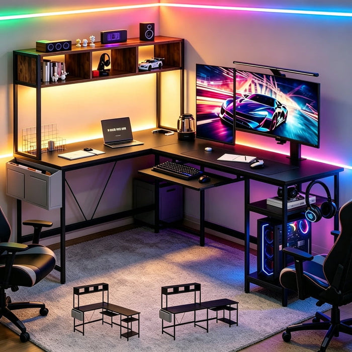 Betcozy L Shaped Desk with LED Lights, 67 Inch Reversible Corner Computer Desk with Power Outlet, Hutch, 2 Tier Storage Shelves and Headphone Hook, Black