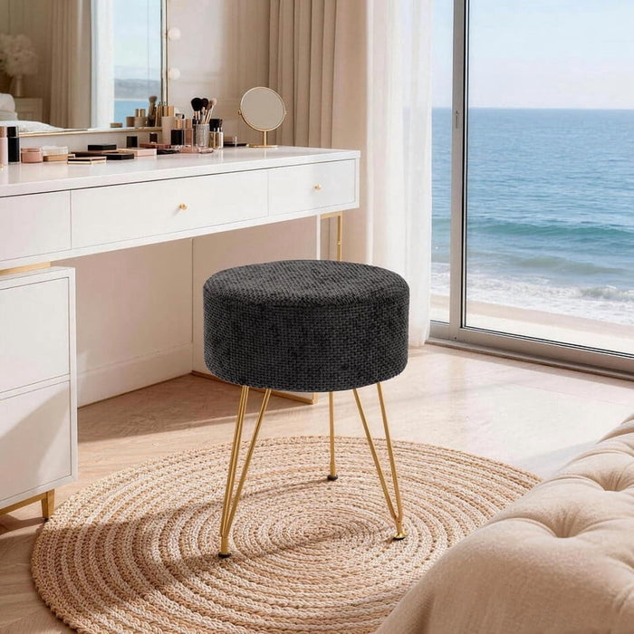 Bigleap Black Vanity Stool, Round Ottoman Foot Rest with Gold Metal Legs, Dressing Table Seat for Bedroom, Living Room