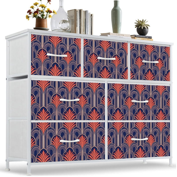 Betcozy 7 Drawers Fabric Dresser with White Metal Frame, Storage Tower for Bedroom, Classic Aesthetic Blue Wave