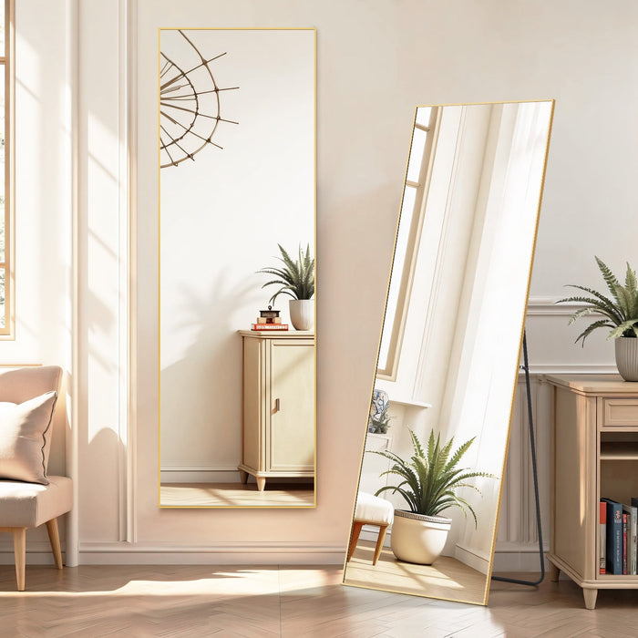 TINKLE WELL Full Length Mirror - 64"x21" Standing or Leaning & Wall Mounted, Floor Mirror with Thin Aluminum Alloy Frame, Ideal for Living Room, Cloakroom, Gold