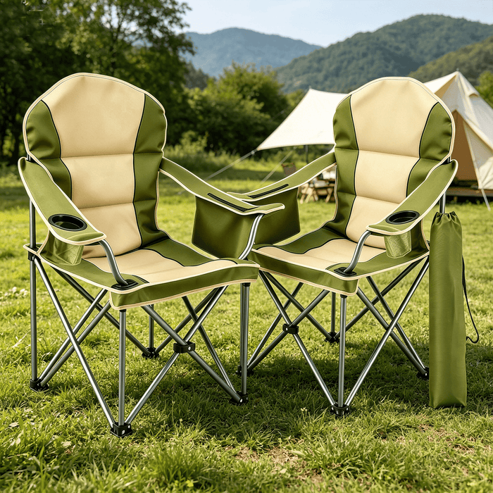 Blorly 2 PCS Oversized Camping Chair, Folding Chairs with Padded Back and Armrest, Steel Frame with Cooler Bag, Storage Netting Cup Holder, Green