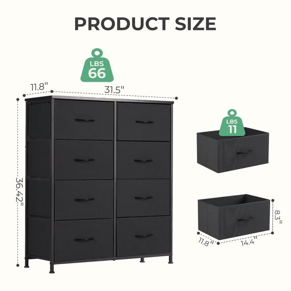 Aidoly Dresser for Bedroom, 8 Storage Drawers, Anti-Tip Fabric Closet Chests Organizer Tower Furniture with Wooden Top Metal Frame for Clothes, Living Room, Hallway, Entryway