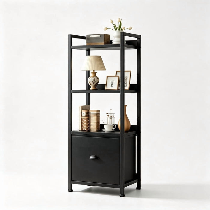 Taoset Display Bookcase, 4-Tier Modern Vertical Bookshelf with Drawer for Living Room, Black