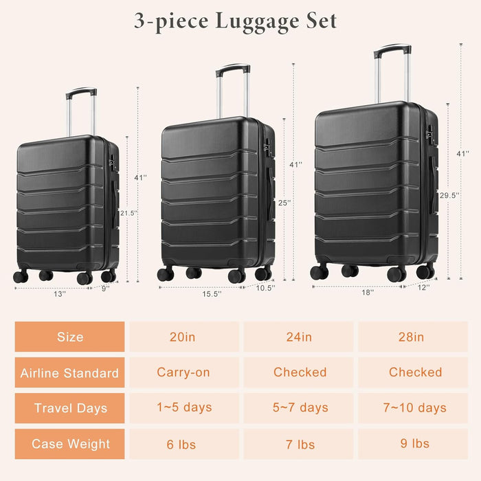 Sybels 3-PCS Set (20/24/28 Inch) Inch Carry On Luggage, Hard Shell Expandable Suitcase with TSA Lock and Double Spinner Wheels, Black