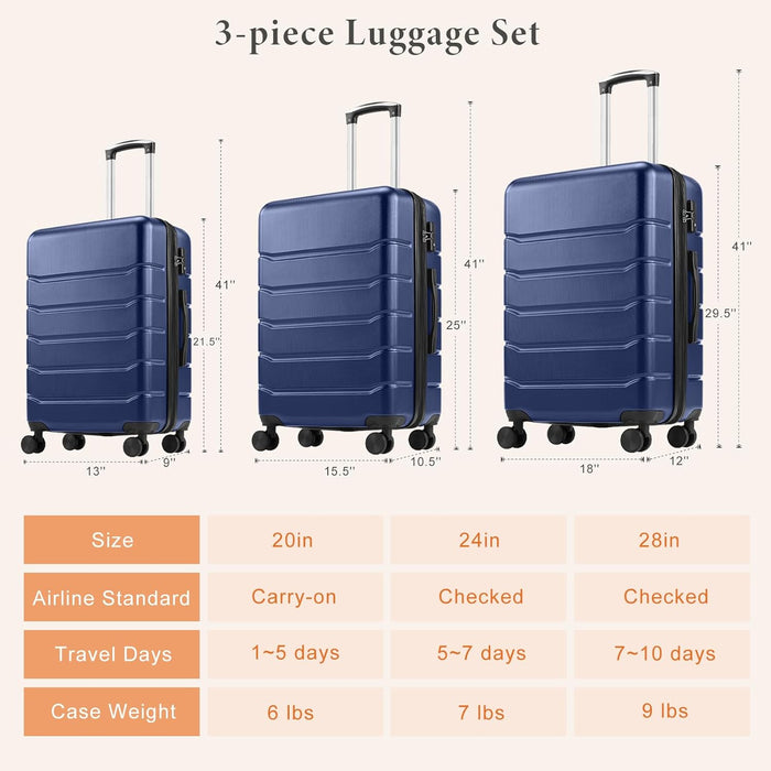 Sybels 3-PCS Set (20/24/28 Inch) Inch Carry On Luggage, Hard Shell Expandable Suitcase with TSA Lock and Double Spinner Wheels, Blue