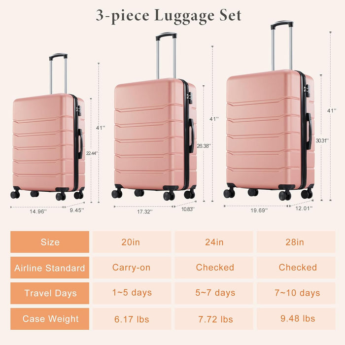 Sybels 3-PCS Set (20/24/28 Inch) Inch Carry On Luggage, Hard Shell Expandable Suitcase with TSA Lock and Double Spinner Wheels, Pink