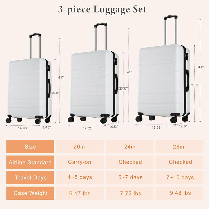 Sybels 3-PCS Set (20/24/28 Inch) Inch Carry On Luggage, Hard Shell Expandable Suitcase with TSA Lock and Double Spinner Wheels, White