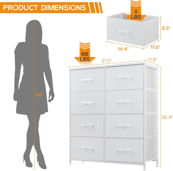 8 Drawer Dresser, Tall Chest Of Drawers Nightstand Storage Tower Storage Dresser Fabric Dresser With Wood Top for Living Room, Bedroom, Hallway, Nursery, White