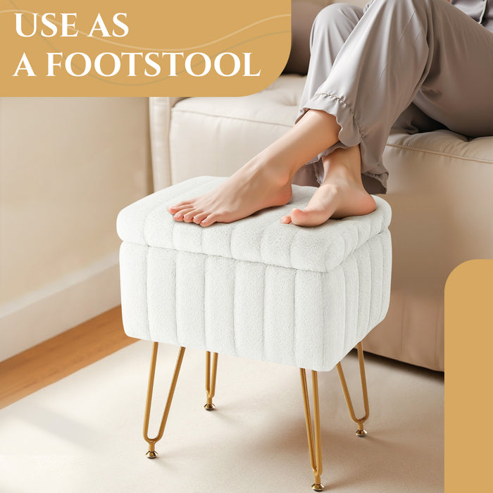 TINKLE WELL Storage Vanity Stool Chair, Soft Faux Fur Makeup Ottoman, Adjustable Anti-Slip Feet, Modern Footrest for Bedroom, Makeup, Entryway