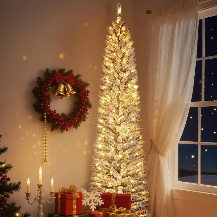 Simenmax 6ft Pre-Lit Snow Flocked Pencil Christmas Tree Hinged Slim Skinny Corner Xmas Tree with Warm Lights Snow Branch Tips, White