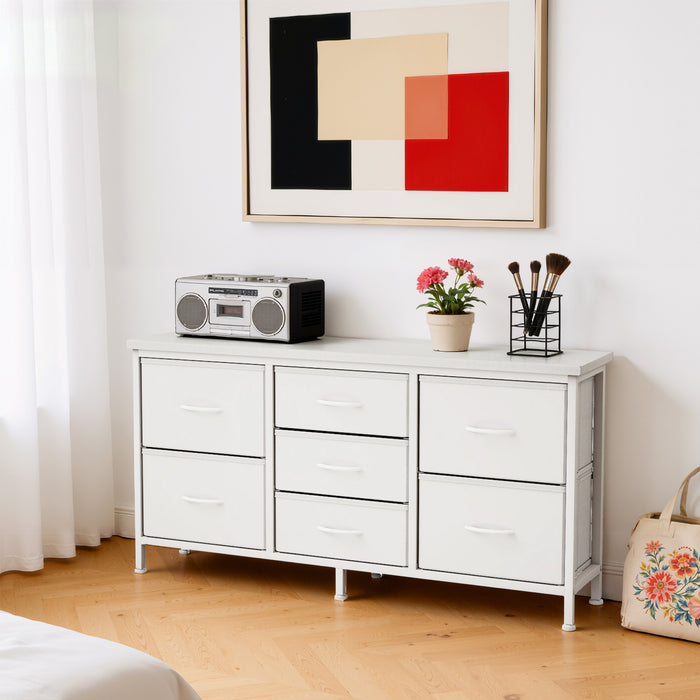 Bigleap 7-Drawer Fabric TV Stand with Wood Shelf - Versatile Media Console Dresser for Bedroom, Living Room & Small Spaces, Holds up to 50" TV, White