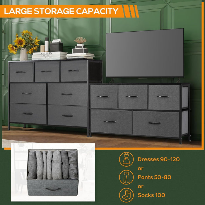 Bigleap 7 Drawer Dresser, Wide Chest Of Drawers Nightstand Storage Tower Storage Dresser Fabric Dresser With Wood Top for Living Room, Bedroom, Hallway, Nursery, Grey