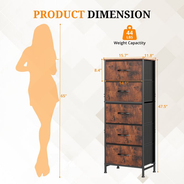 Bigleap 5-Drawer Dresser，5 Drawer Nightstand with Wood Top & Fabric Bins - Slim Storage Cabinet for Bedroom, Closet, Living Room,Brown