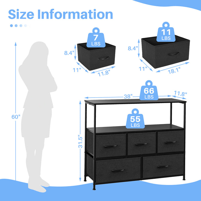 Bigleap TV Stand for Bedroom, TV Dresser for 45 inches, Media Console Table, Entertainment Center with 5 Fabric Drawers Cabinet and Open Storage Shelf Furniture Cabinet for Living Room, Black