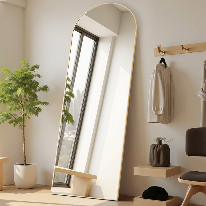 Simenmax 64''x21'' Arched Full Length Mirror with Stand, Aluminum Frame Floor Mirror for Cloakroom, Hallway, Gold