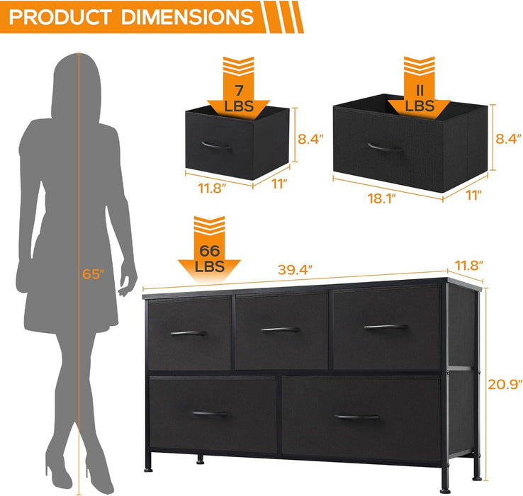 Bigleap 5 Drawer Dresser, Wide Chest Of Drawers Nightstand Storage Tower Storage Dresser Fabric Dresser With Wood Top for Living Room, Bedroom, Hallway, Nursery, Black
