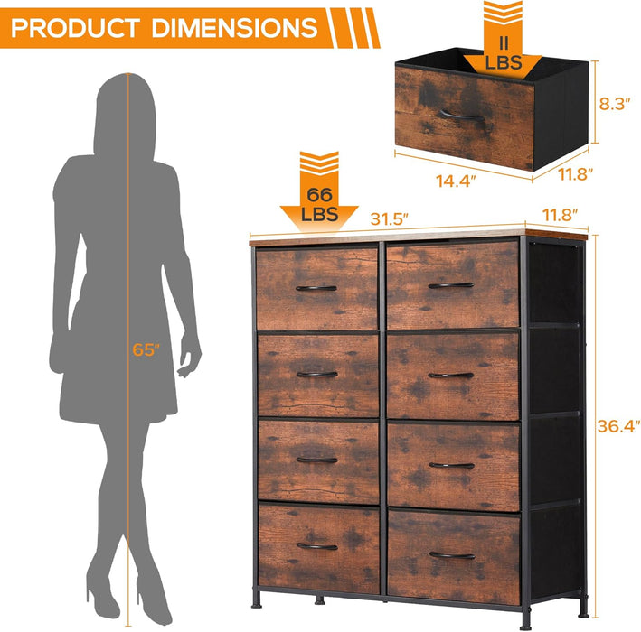 8 Drawer Dresser, Tall Chest Of Drawers Nightstand Storage Tower Storage Dresser Fabric Dresser With Wood Top for Living Room, Bedroom, Hallway, Nursery, Rust