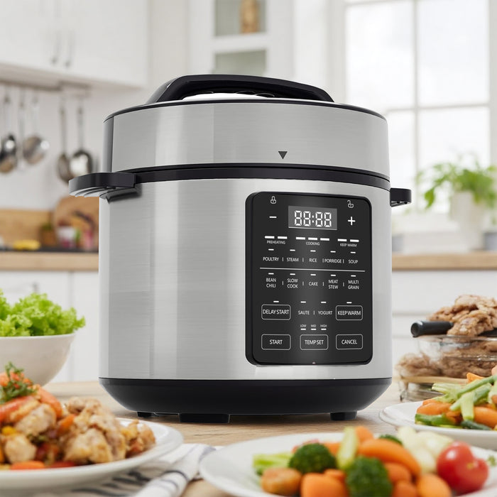Sybels 8QT 12-in-1 Electric Pressure Cooker | Stainless steel pot with steaming, stir-frying, and warming function