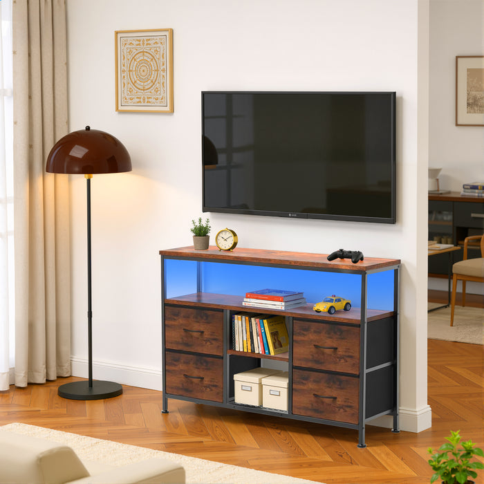 Bigleap Smart LED TV Stand with Charging Station & 4 Drawers – Fits 50 Inch TV, Adjustable Feet, Modern Media Console for Living Room & Bedroom, Brown