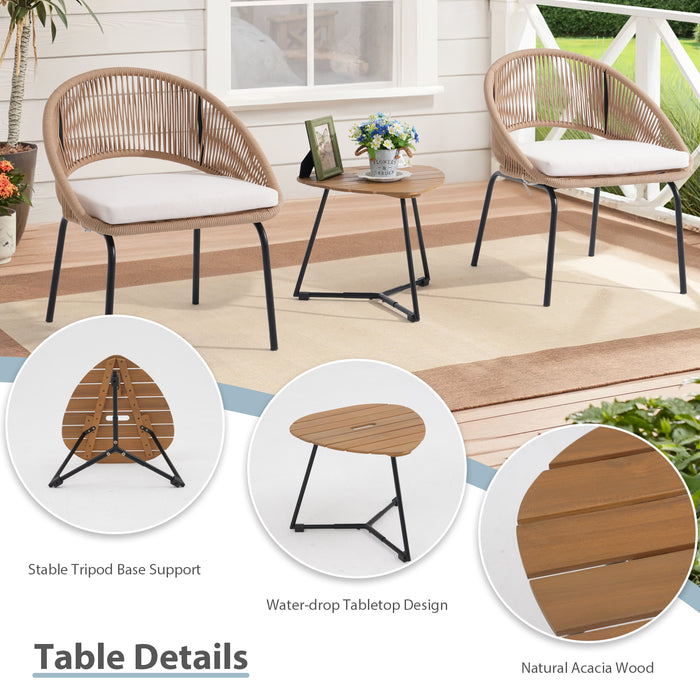 3 Piece Outdoor Bistro Set, Woven Rope Conversation Patio Set, All Weather Patio Furniture Chairs with Cushions and Coffee Table for Porch, Balcony, Garden, Backyard