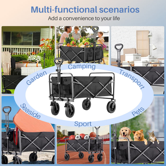 Bigleap 30IN Wagon, Wagons Carts Foldable with All-Terrain Wheels, Portable Shopping Cart Large Capacity Utility Cart with Drink Holders, Heavy Duty Collapsible Wagon,Black