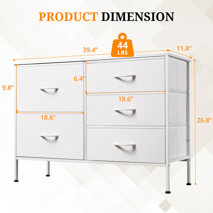 Bigleap 5-Drawer Fabric Dresser, Wide Storage Organizer Dresser for Bedroom, Living Room & Closet,White