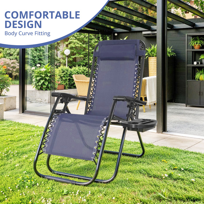 Bigleap Zero Gravity Chairs, Set of 2 Portable Recliner Beach Camping Patio Outdoor Folding Lounge Chair with Cup Holder Trays and Adjustable Pillow for Poolside, Garden, Backyard, Lawn , Blue