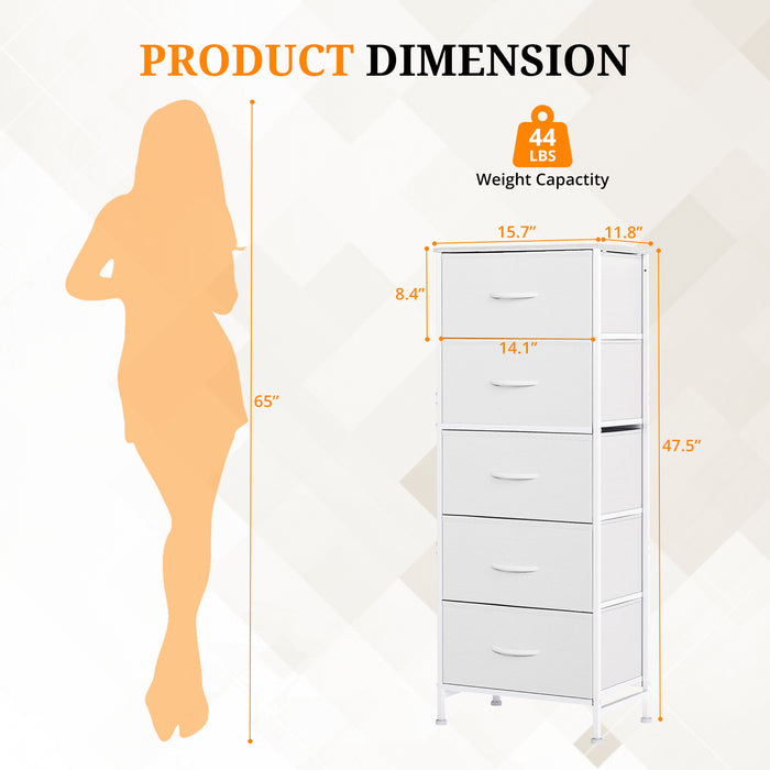 Bigleap 5-Drawer Dresser，5 Drawer Nightstand with Wood Top & Fabric Bins - Slim Storage Cabinet for Bedroom, Closet, Living Room,White