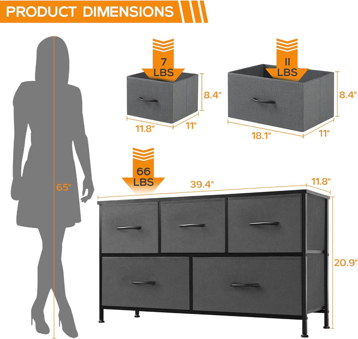 5 Drawer Dresser, Wide Chest Of Drawers Nightstand Storage Tower Storage Dresser Fabric Dresser With Wood Top for Living Room, Bedroom, Hallway, Nursery, Grey