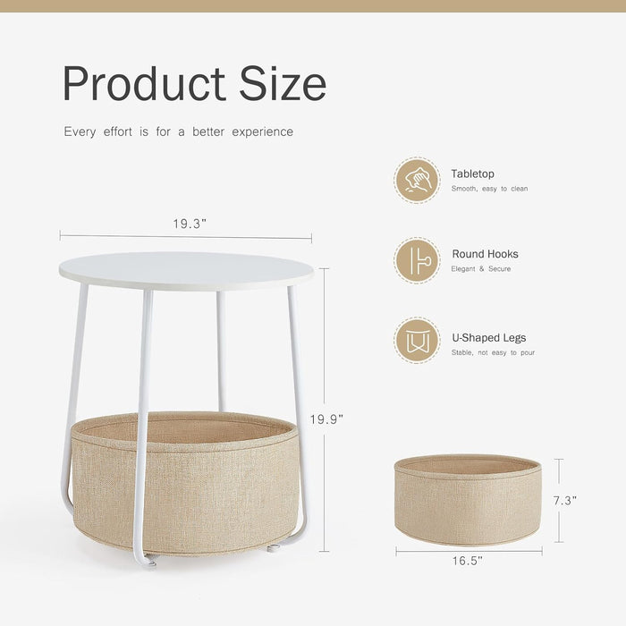 Small Round Side End Table for Living Room, Modern Nightstand Bedside Table with Fabric Basket for Bedroom - White