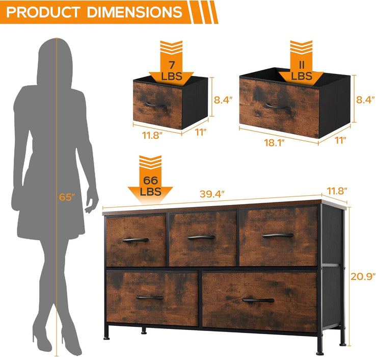 Bigleap 5 Drawer Dresser, Wide Chest Of Drawers Nightstand Storage Tower Storage Dresser Fabric Dresser With Wood Top for Living Room, Bedroom, Hallway, Nursery, Rust