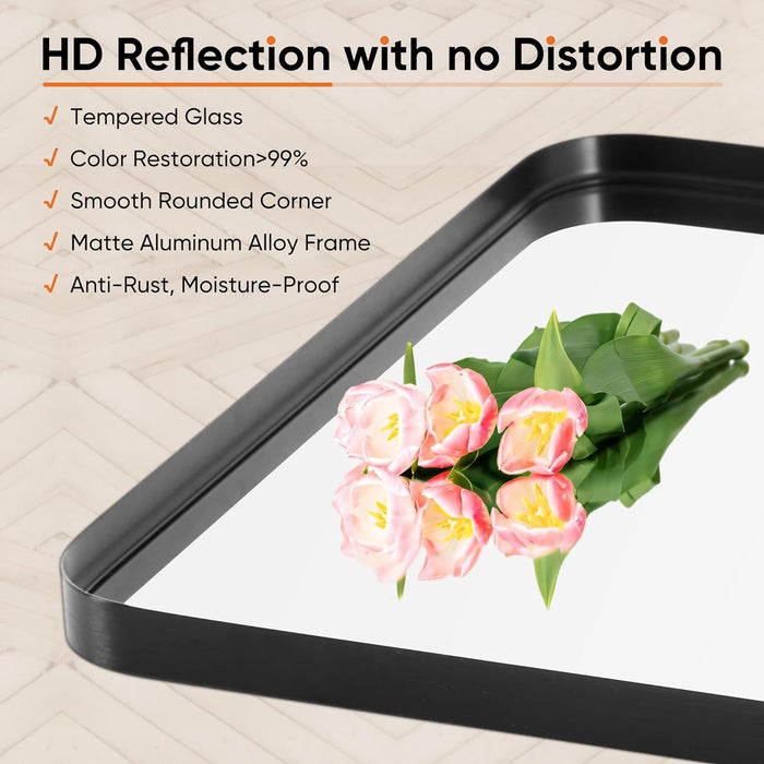 30x40" Black Vanity Bathroom Mirror for Wall, Metal Framed Rounded Rectangular Modern Mirrors for Over Sink, Farmhouse, Tempered Glass, Hangs Horizontally or Vertically
